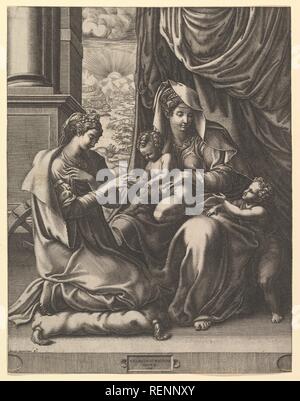 Le Mariage mystique de Sainte Catherine. Artiste : Après le Sidaner (Italien, Bologne 1504/5-1570 Paris) ; Giorgio Ghisi (Italien, Mantoue ca. Mantoue 1520-1582). Fiche technique : Dimensions : 12 11/16 x 9 13/16 in. (32,2 x 25 cm) boîte à platemark. Date : ca. 1555-56. Musée : Metropolitan Museum of Art, New York, USA. Banque D'Images