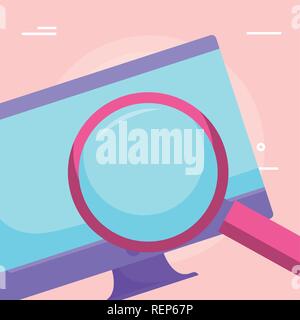 Ordinateur et loupe sur fond rose, vector illustration Illustration de Vecteur