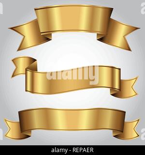Ensemble de trois bannières d'or, élégant, luxueux et brillant des rubans. Peut être utilisée pour les certificats, prix, bannières, logos, comme des éléments héraldiques etc. Illustration de Vecteur