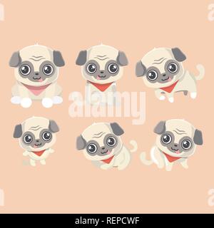 Ensemble de la Funny cartoon le carlin les chiots. Illustration de Vecteur