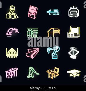 L'équipement et des machines en icônes néon set collection pour la conception. Les progrès techniques de l'usine symbole vecteur illustration de stock. Illustration de Vecteur