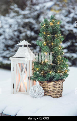 Lanterne en bois blanc avec des chandelles de cire blanche et petit sapin de Noël avec des lumières led micro en rotin brun pot de fleur dans la neige, sapins enneigés Banque D'Images