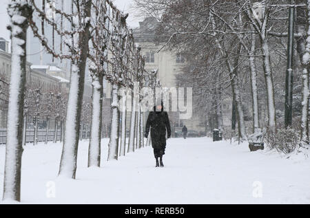 Bruxelles, Belgique. 22 janvier, 2019. Une femme marche au milieu de la neige dans le centre-ville de Bruxelles, Belgique, le 22 janvier 2019. Credit : Ye Pingfan/Xinhua/Alamy Live News Banque D'Images