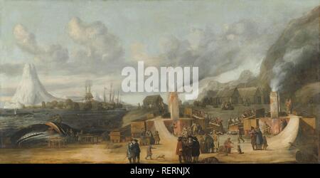 La raffinerie de pétrole des baleines près du village de Smerenburg. Un Whale-Oil usine de la société nordique ou du Groenland sur l'île d'Amsterdam, à l'extrémité nord du Spitzberg (Svalbard). Dating : 1639. Dimensions : h 108 cm × w 205 cm ; h 131 cm × w 229 cm × t 10,5 cm. Musée : Rijksmuseum, Amsterdam. Auteur : Cornelis de Man). Banque D'Images