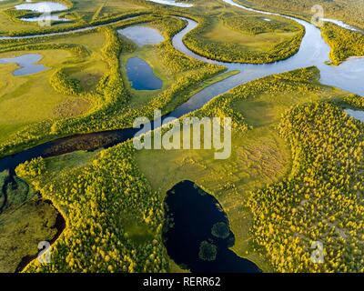 Drone vue, photo aérienne de Vuontisjärvi, de petits lacs et des méandres de la rivière, des boucles dans la forêt boréale de conifères de l'Arctique Banque D'Images