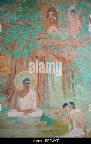 Sujata offrant lait à Bouddha qui vit comme un ascète dans la forêt, détail d'une peinture murale de l'artiste japonais Banque D'Images