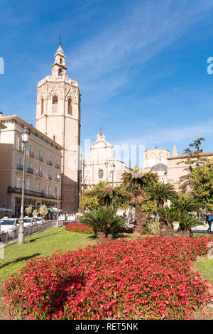 La place de la Reina et le clocher de la cathédrale de Valence, Espagne, Europe Banque D'Images