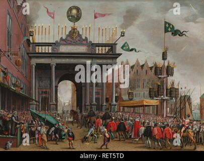 L'entrée joyeuse du duc d'Anjou à Anvers le 19 février 1582. La Joyeuse Entrée du duc d'Anjou. La joyeuse entrée de François, duc d'Anjou (1556-1584), à Anvers avec un arc de triomphe sur le Pont de St Jan, 19 février 1582. Dating : 1582 - 1600. Lieu : Anvers. Dimensions : H 61,5 cm × w 82,5 cm ; D. 7,5 cm. Musée : Rijksmuseum, Amsterdam. Auteur : Monogrammist MHVH (mentionné sur l'objet). MONOGRAMMIST H. M. H. V. Banque D'Images