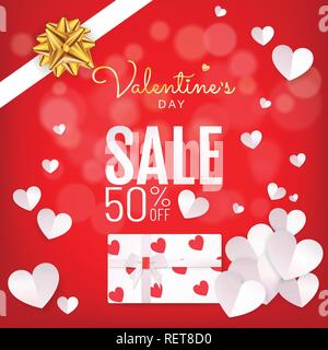 Fond rouge Valentines Day vente bannière avec boîte cadeau blanc présent et papier décoratif coeur en coupe en papier (paper art, papercut ou numérique de l'artisanat Illustration de Vecteur