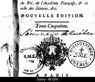 . Histoire naturelle, générale et particulière [microforme]. Sciences naturelles ; l'histoire naturelle. TOIRE NATURELLE, ÉNÉRALE ET PARTICULIÈRE.- re M- DE Bu F FOU, InîenJanî du Jardin du Roi, de l'Académie Françoife, &AMP ; de celle des Sciences, &amp;c" fîouvELLE ; Édition. Tomé-Cmqtneme. A PARIS, L'IMPRIMERIE ROYALE. M. DCCLXIX,. Veuillez noter que ces images sont extraites de la page numérisée des images qui peuvent avoir été retouchées numériquement pour plus de lisibilité - coloration et l'aspect de ces illustrations ne peut pas parfaitement ressembler à l'œuvre originale.. Buffon, Georges Louis Leclerc, comte de, 1707-1 Banque D'Images