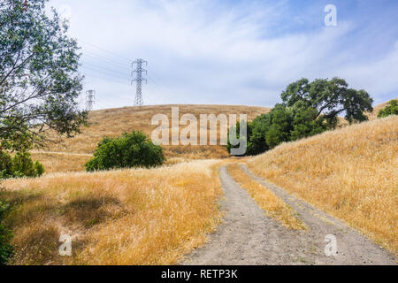 Sentier de marche entre les collines et les vallées couvertes dans l'herbe sèche, au sud de la baie de San Francisco, San Jose, Californie Banque D'Images