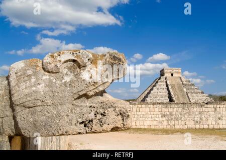 Chichen Itza, Serpent à plumes Quetzalcóatl, déité et renforcé pyramide de Kukulkan, El Castillo en arrière-plan, Yucatan, Banque D'Images