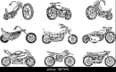 Jeu de motos anciennes. Collection de bicyclettes. Extreme Biker Transport. Retro ancien style. Gravé à la main dessin monochrome. Illustration de Vecteur