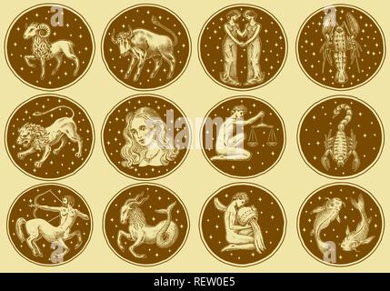 Zodiac icons. Horoscope astrologie avec des signes. Modèle de calendrier. Plan de collecte des animaux. Étiquettes ou d'autocollants pour l'interface ou un site web. Classic vintage style. Croquis dessinés à la main, gravée. Illustration de Vecteur