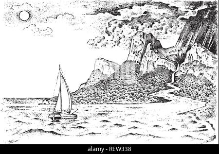 Le cycle de l'eau sur terre. Géographie et paysage nature dans un style vintage. Écologie Concept arrière-plan. Illustration monochrome rétro à la main. Dessin gravé. Illustration de Vecteur