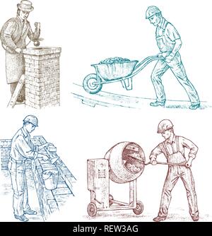 Ensemble de techniciens ou ingénieurs constructeurs de ciment et charpentier dans un casque fait des réparations. L'homme travailleur de la construction dans le style vintage. Caractères gravés. Illustration de Vecteur