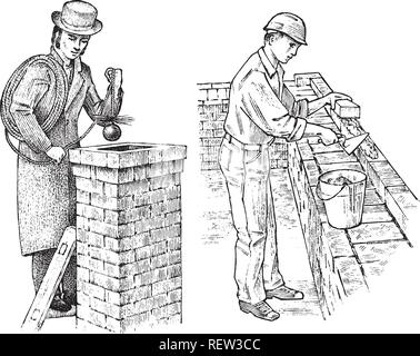 Maçon Technicien et l'homme builder sur le toit de la maison. Gentleman et travailleur dans le casque Ingénieur effectuer les réparations. Retro Vintage illustration dessiné à la main. Dessin gravé. Illustration de Vecteur