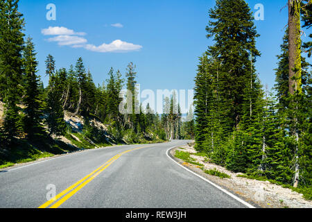 Voyageant sur une route sinueuse à travers les forêts de pins de Lassen Volcanic National Park, comté de Shasta, Californie Banque D'Images