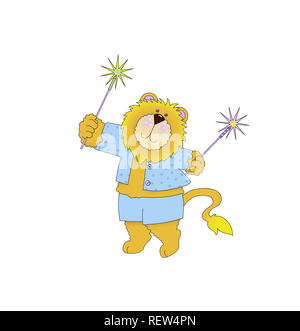 Illustration d'un mignon petit lion portant des vêtements bleu et agitant un cierge magique sur un fond blanc. Banque D'Images