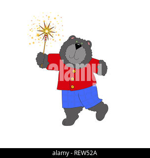 Illustration d'un cute bear portant des vêtements rouge et bleu et en agitant un cierge magique sur un fond blanc. Banque D'Images