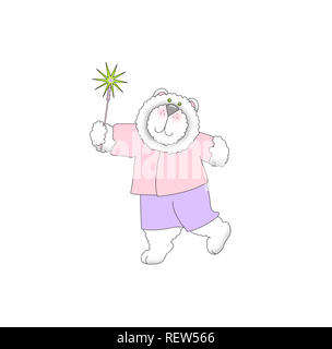 Illustration d'un mignon petit ours blanc et rose portant des vêtements lavande et agitant un cierge magique sur un fond blanc. Banque D'Images