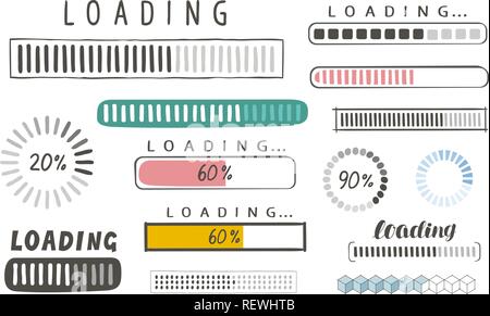 Cours barre de chargement, ensemble d'icônes. Symbole de charge. Esquisse dessinée à la main vector Illustration de Vecteur