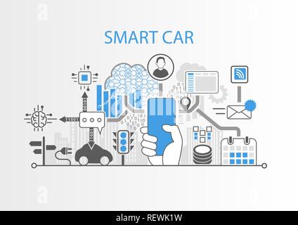 Smart car concept with hand holding smartphone libre cadre moderne Illustration de Vecteur
