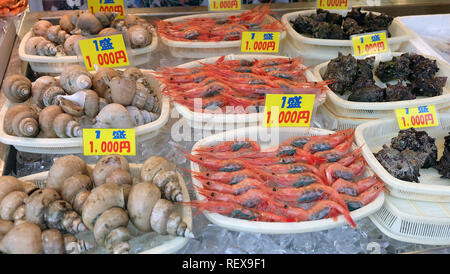 La traduction du japonais : 1 pile 1000yen. Les plateaux de fruits de mer comme les escargots de mer, crevettes, coquilles turban à vendre organisé côte à côte au-dessus des cubes de glace. Banque D'Images