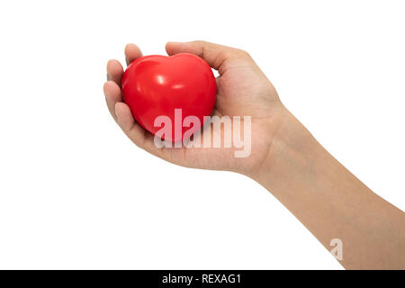 Stress balle mousse sur femme part isolé sur fond blanc. Banque D'Images