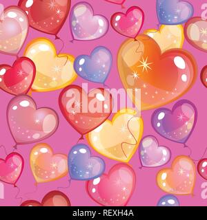 Vector illustration en couleur. Modèle transparent avec des ballons colorés en forme de coeurs gradient isolé sur fond violet. Libre pour l'art Illustration de Vecteur