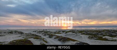 Coronado Beach à San Diego par l''historique Hotel del Coronado, au coucher du soleil avec des dunes de sable de plage unique, vue panoramique de l'océan Pacifique, silhouette Banque D'Images