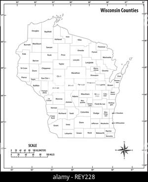 Aperçu de l'état du Wisconsin et politiques administratives carte vectorielle en noir et blanc Illustration de Vecteur