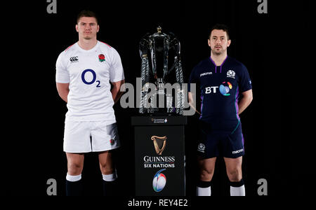 Le capitaine Owen Farrell l'Angleterre et l'Ecosse le capitaine Greig Laidlaw au cours de la Guinness au lancement des Six Nations Set Hurlingham Club, Londres. Banque D'Images