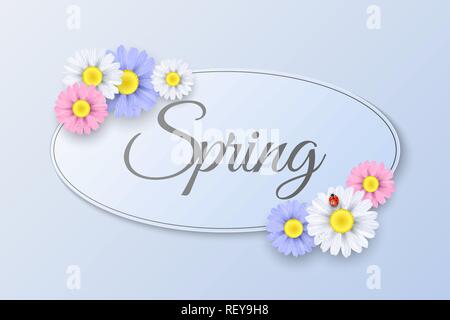 Saisonnier Printemps Label. Ovale papier bannière avec fleurs multicolores. Coccinelle sur une marguerite. Autocollant bleu clair. Fleurs réalistes. La calligraphie du texte. Vecto Illustration de Vecteur