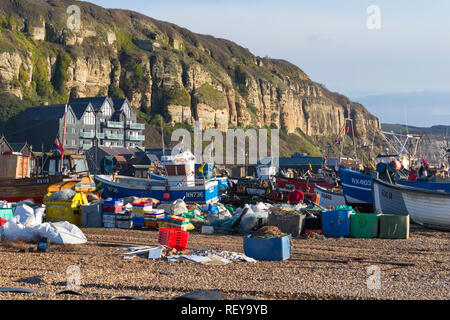 Bateaux de pêche, la plage de stade, hastings, East sussex, royaume-uni Banque D'Images
