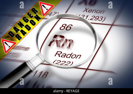 Le danger du radon - notion de droit avec tableau périodique des éléments et loupe Banque D'Images