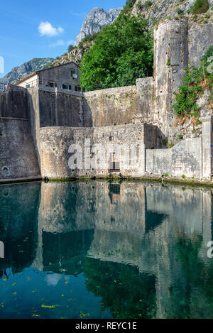 Murs de défense de Kotor, Monténégro reflète dans une piscine de l'eau Banque D'Images