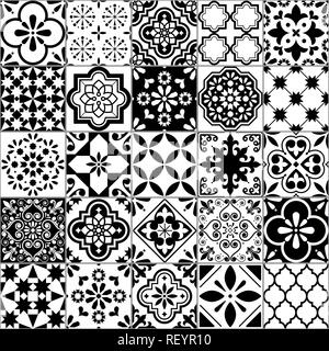 Azulejo Lisbonne carreaux motif géométrique du vecteur, Portugais ou Espagnol retro vieilles tuiles de mosaïque, une Méditerranée noir et blanc Illustration de Vecteur