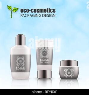 Ensemble de bouteilles en verre vert réaliste eco cosvetic Illustration de Vecteur