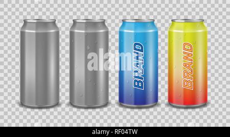 L'aluminium peut vide et d'une étiquette. Peut réaliste avec de l'eau gouttes pour la bière, jus ou boisson énergétique immersive isolés. Modèle de vecteur pour votre conception. Illustration de Vecteur