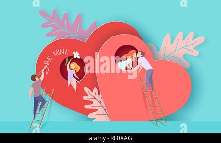 Carte de Saint Valentin avec des couples s'embrasser et la peinture avec coeur rouge arrière-plan. Vector illustration d'art sur papier. Modèle de coupe de papier. Illustration de Vecteur