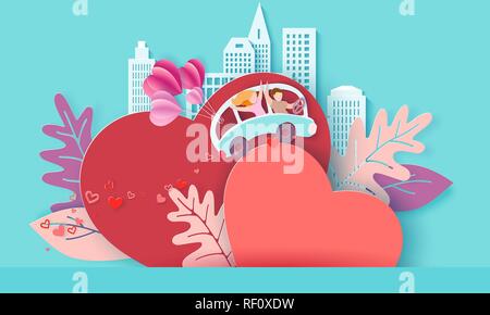 Carte Saint Valentin avec couple driving bleu avec des ballons d'air plus grand cœur rouge sur fond bleu avec la ville moderne. Vector illustration d'art sur papier. Coupe papier et de l'artisanat traditionnel. Illustration de Vecteur