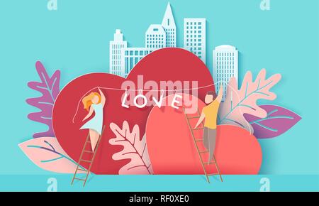 Carte Saint Valentin avec couple holding mot amour coeur rouge sur la ville moderne. Vector illustration d'art sur papier. Coupe papier et de l'artisanat traditionnel. Illustration de Vecteur