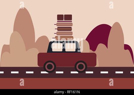 Voiture avec des bagages sur le toit se déplace sur l'autoroute. Transport de véhicule avec des bagages de voyage en famille. Vue de côté. Image de voiture sur un fond brun-rouge. Illustration de Vecteur