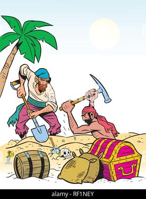 Deux hommes pirates trouvés sur les rives de la treasure.Ils déterrent les coffres.Illustration fait en cartoon style Illustration de Vecteur