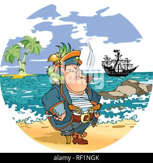 Pirate avec un perroquet sur son épaule contre la toile de fond de la mer. Pirate se dresse sur la rive, loin vu un bateau de pirate et de palmiers. Illustration de Vecteur