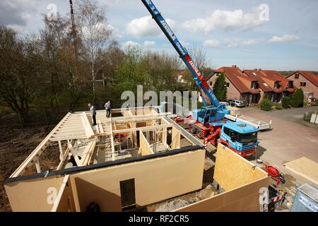 Charpentiers construction d'une maison en bois, une maison familiale à l'aide de cadre en bois, maison écologique, Recklinghausen Banque D'Images