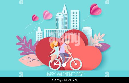 Carte Saint Valentin avec couple sur red hearts avec sity moderne et de l'air de ballons. Vector illustration d'art sur papier. Coupe papier et de l'artisanat traditionnel. Illustration de Vecteur