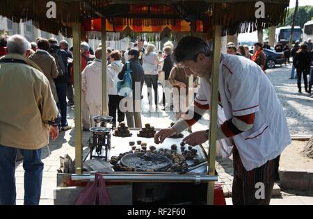 Stand alimentaire, châtaignes grillées, pont de Galata, Istanbul, Turquie Banque D'Images