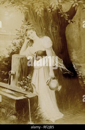 Photographie historique d'une jeune fille debout devant une fontaine, prises ca. 1870 Banque D'Images